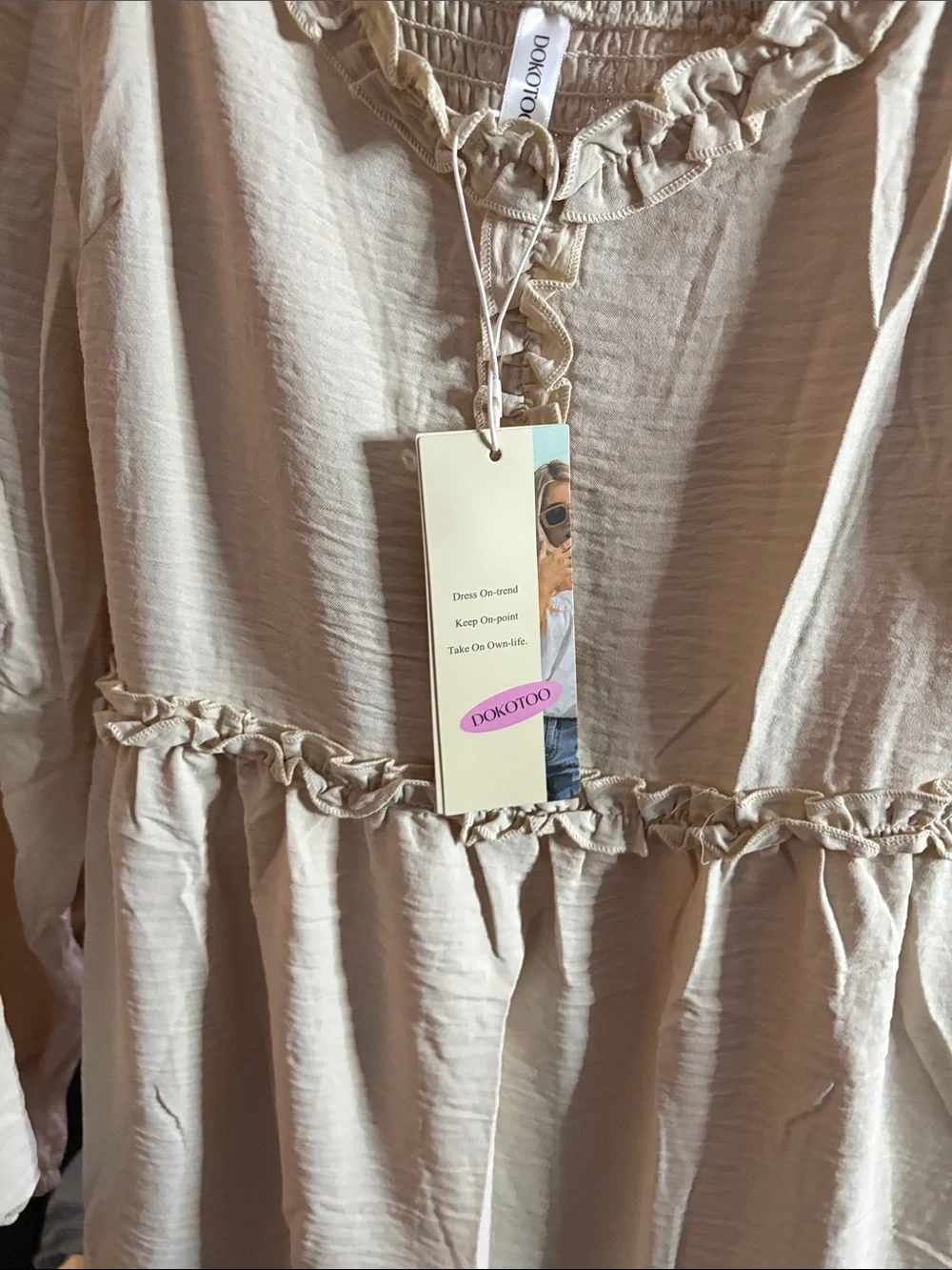 Girls' Cream Long Sleeve Ruffle Hem Dress